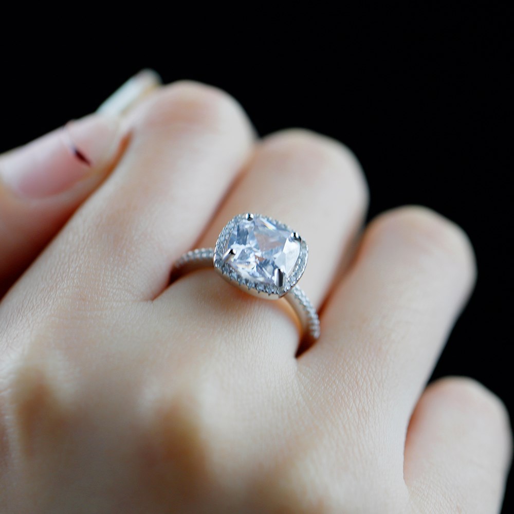 Silver Zircon Cushion Square Cut Inlaid Halo Ring