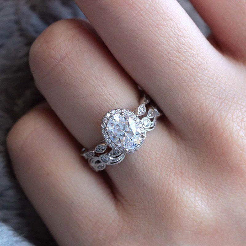 Silver Zircon Oval Cut Duel Halo Ring