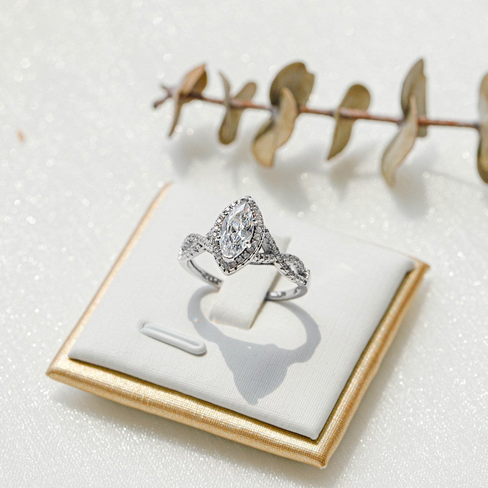 Silver Zircon Marquise Cut Iced Twisted Halo Ring