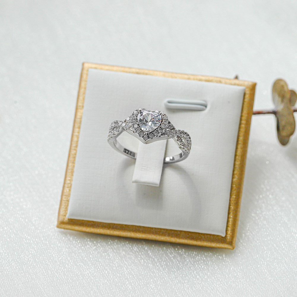Silver Zircon Heart Cut Iced Twisted Halo Ring