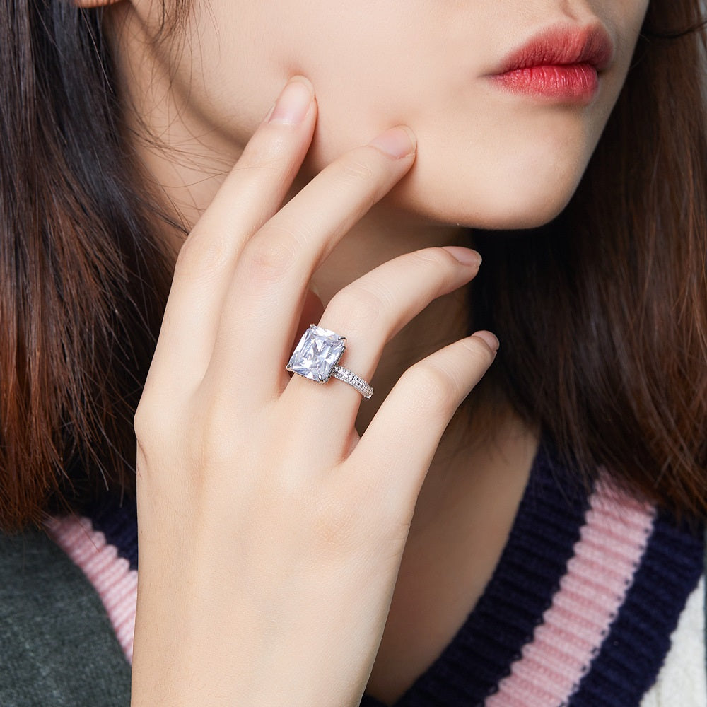 Silver Zircon Radiant Cut Iced Squared Solitaire Ring