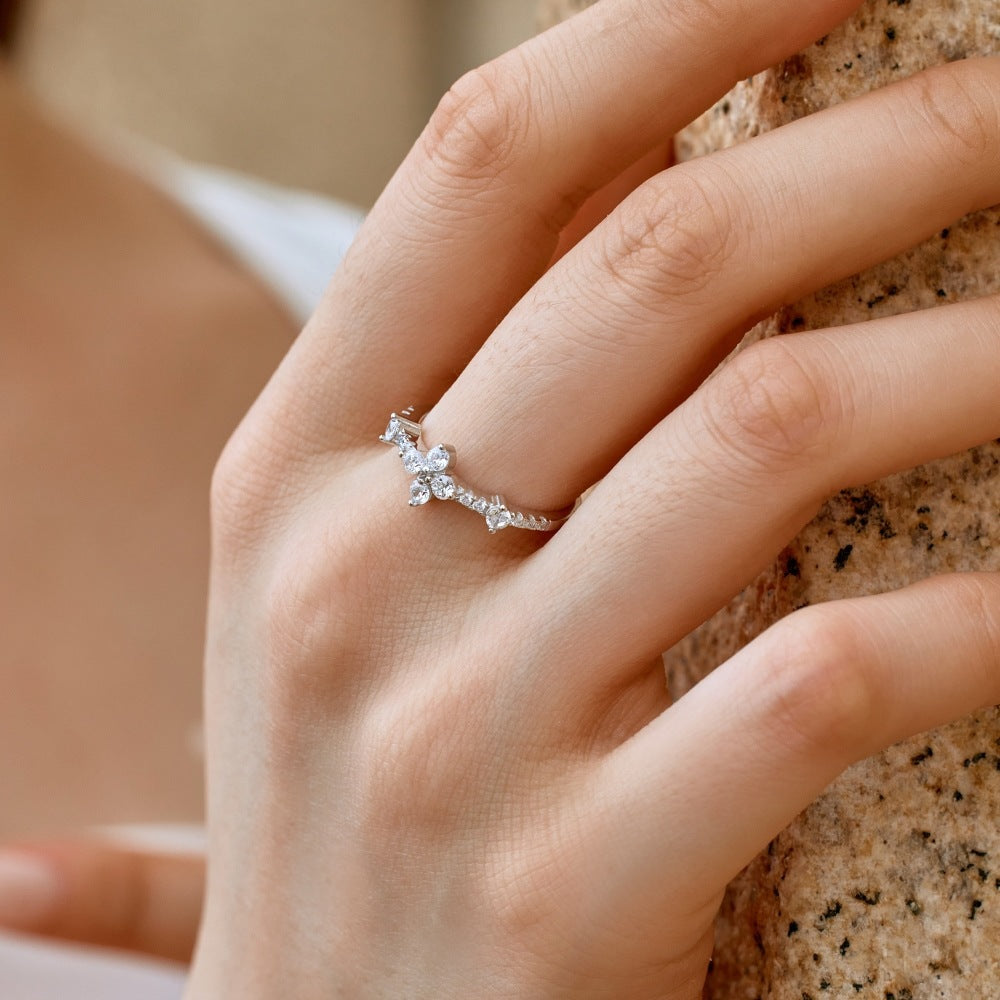 Silver Zircon Flower Ring