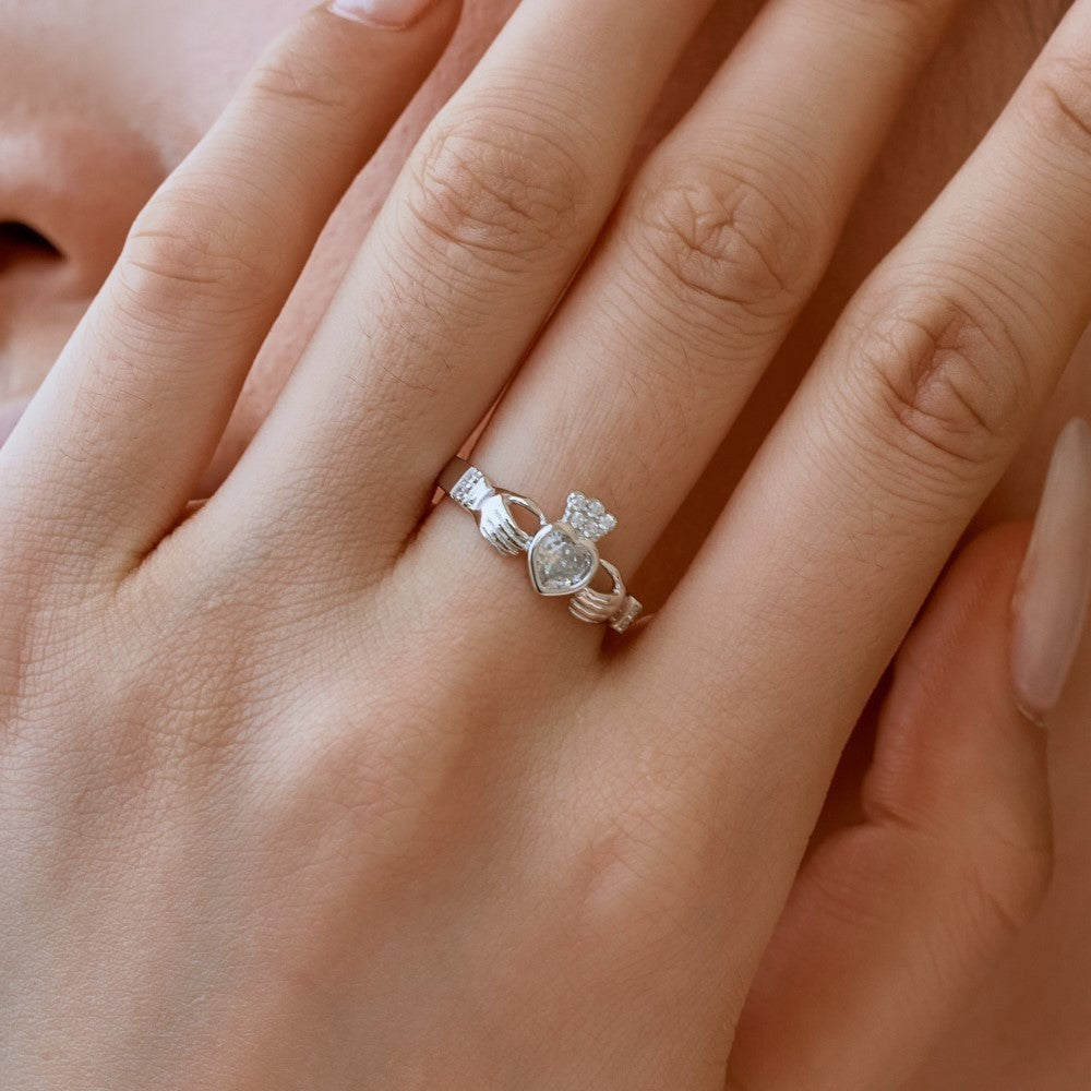 Silver Zircon Heart Inlaid Ring
