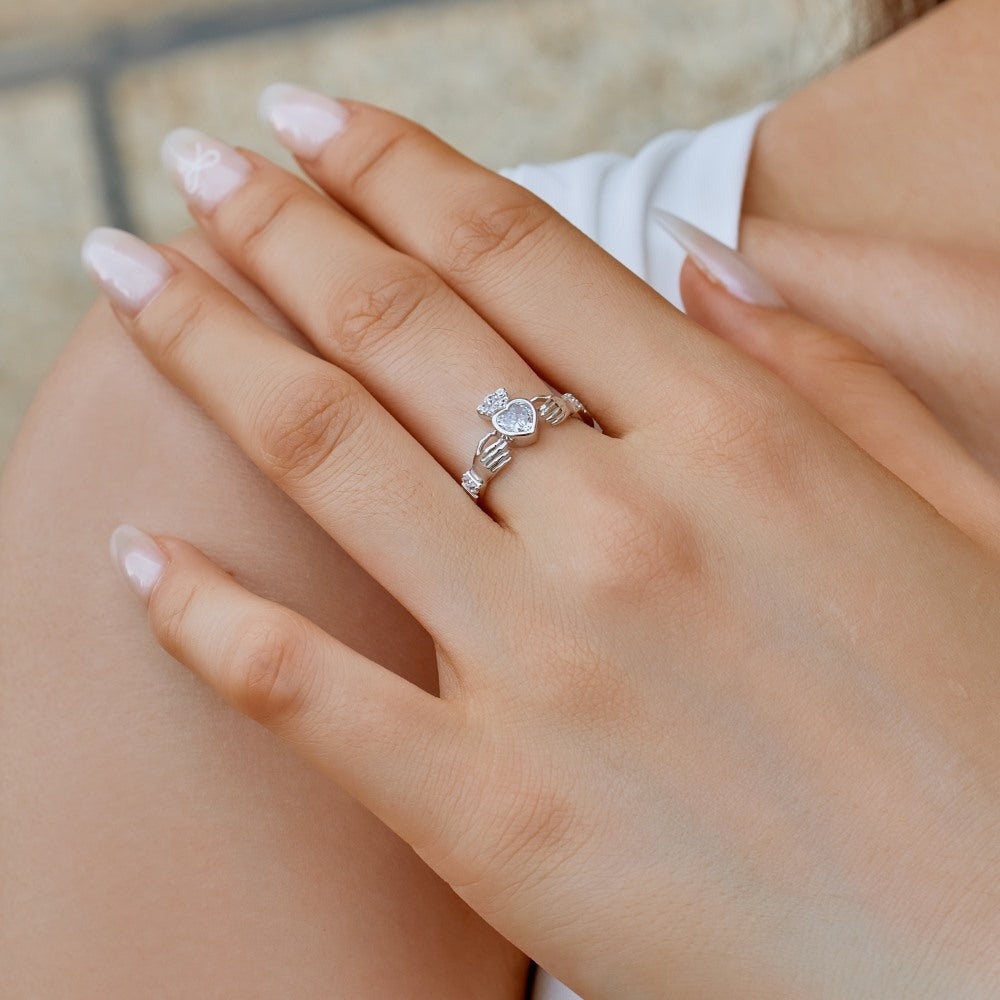 Silver Zircon Heart Inlaid Ring