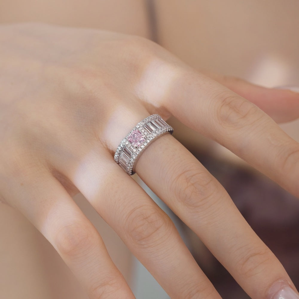 Silver Zircon Pink Squared Ring