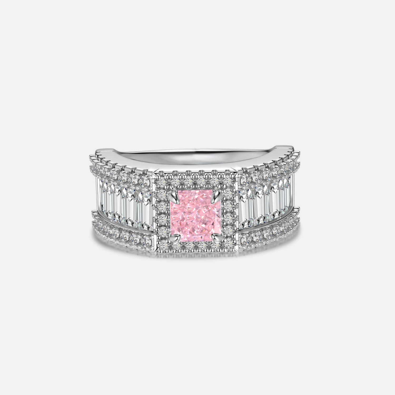 Silver Zircon Pink Squared Ring