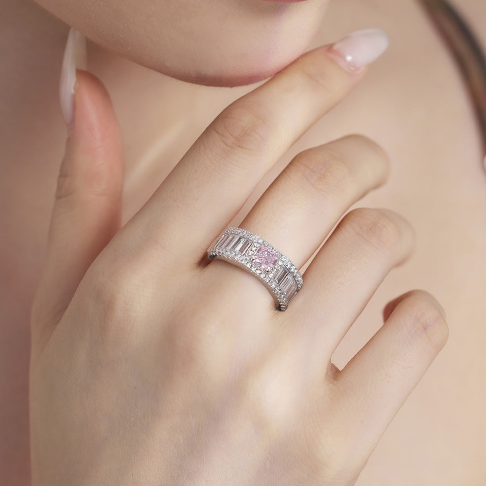Silver Zircon Pink Squared Ring