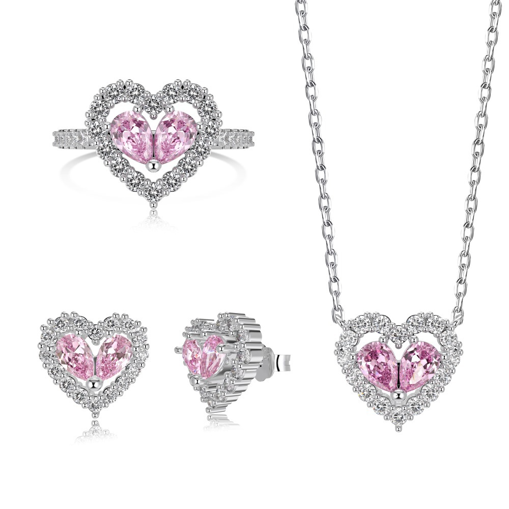 Silver Zircon Pear Cut Iced Heart Jewelry Set