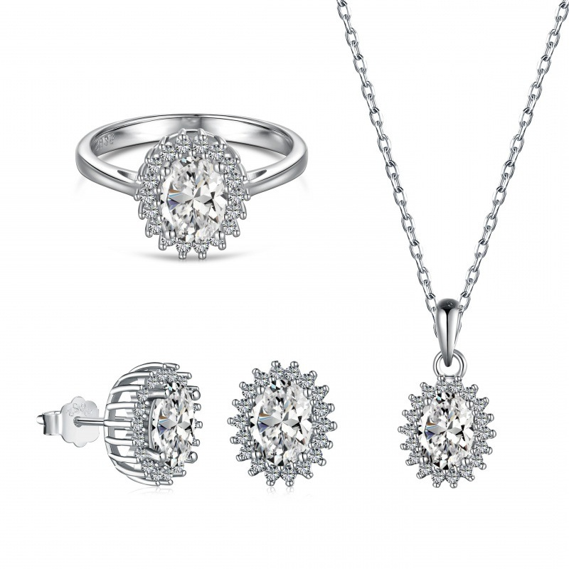 Silver Zircon Oval Cut Inlaid Halo Flower Jewelry Set