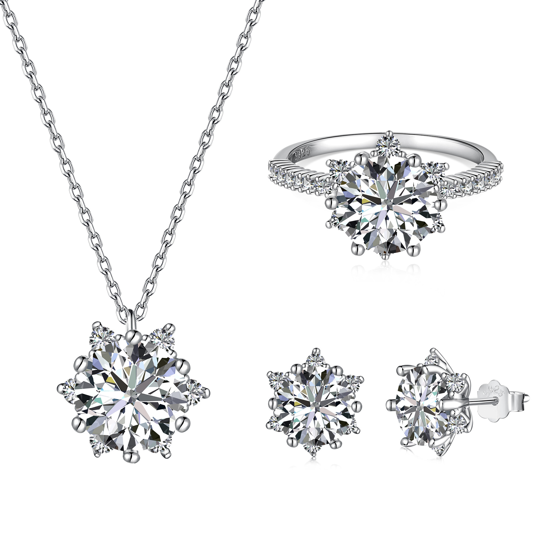 Silver Zircon Round Cut Snowflake Jewelry Set