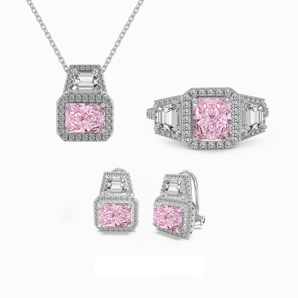Silver Zircon Radiant Cut Halo Stacked Jewelry Set