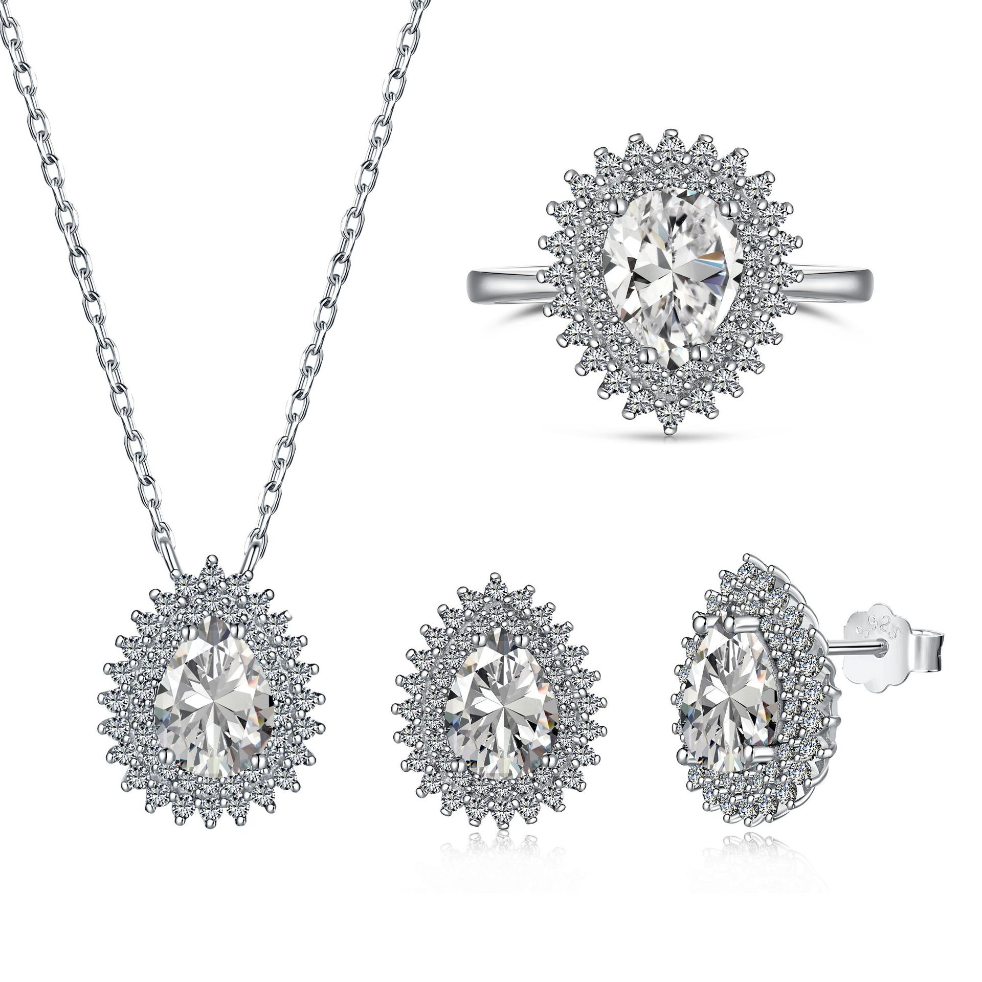 Silver Zircon Pear Cut Wrapped Water Drop Jewelry Set