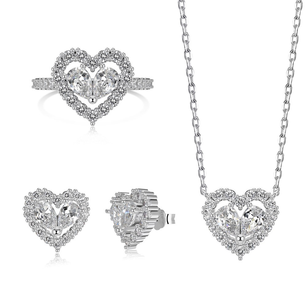 Silver Zircon Pear Cut Iced Heart Jewelry Set