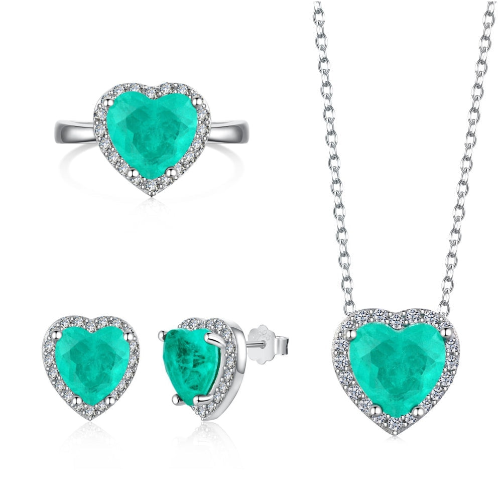Silver Zircon Heart Cut Halo Jewelry Set