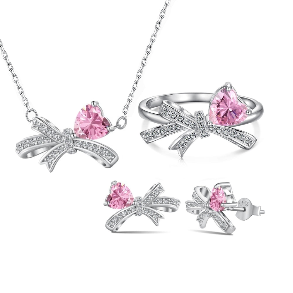 Silver Zircon Heart Cut Bow Knot Jewelry Set