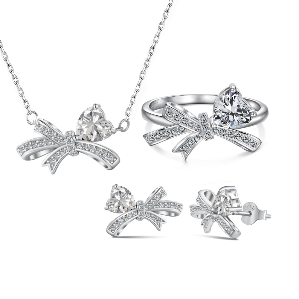 Silver Zircon Heart Cut Bow Knot Jewelry Set