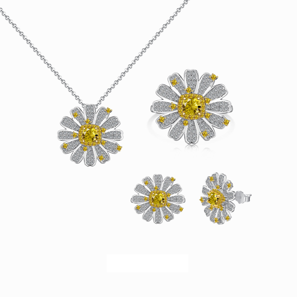 Silver Zircon Cushion Square Cut Daisy Jewelry Set
