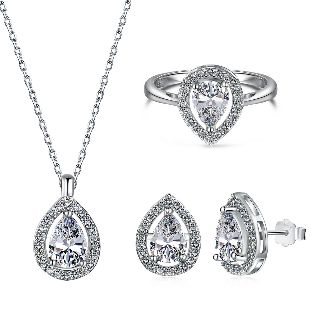 Silver Zircon Pear Cut Water Drop Jewelry Set