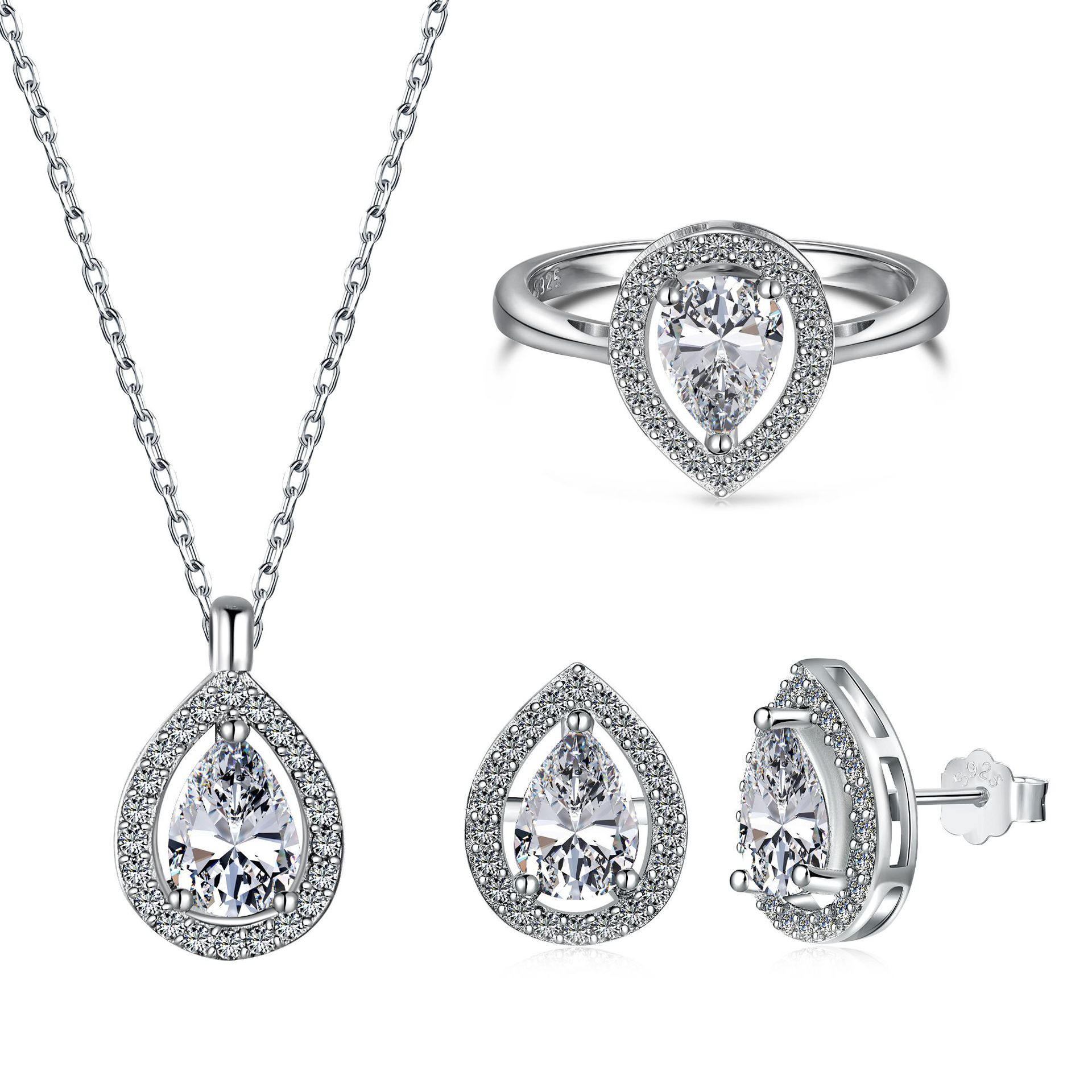 Silver Zircon Pear Cut Water Drop Jewelry Set