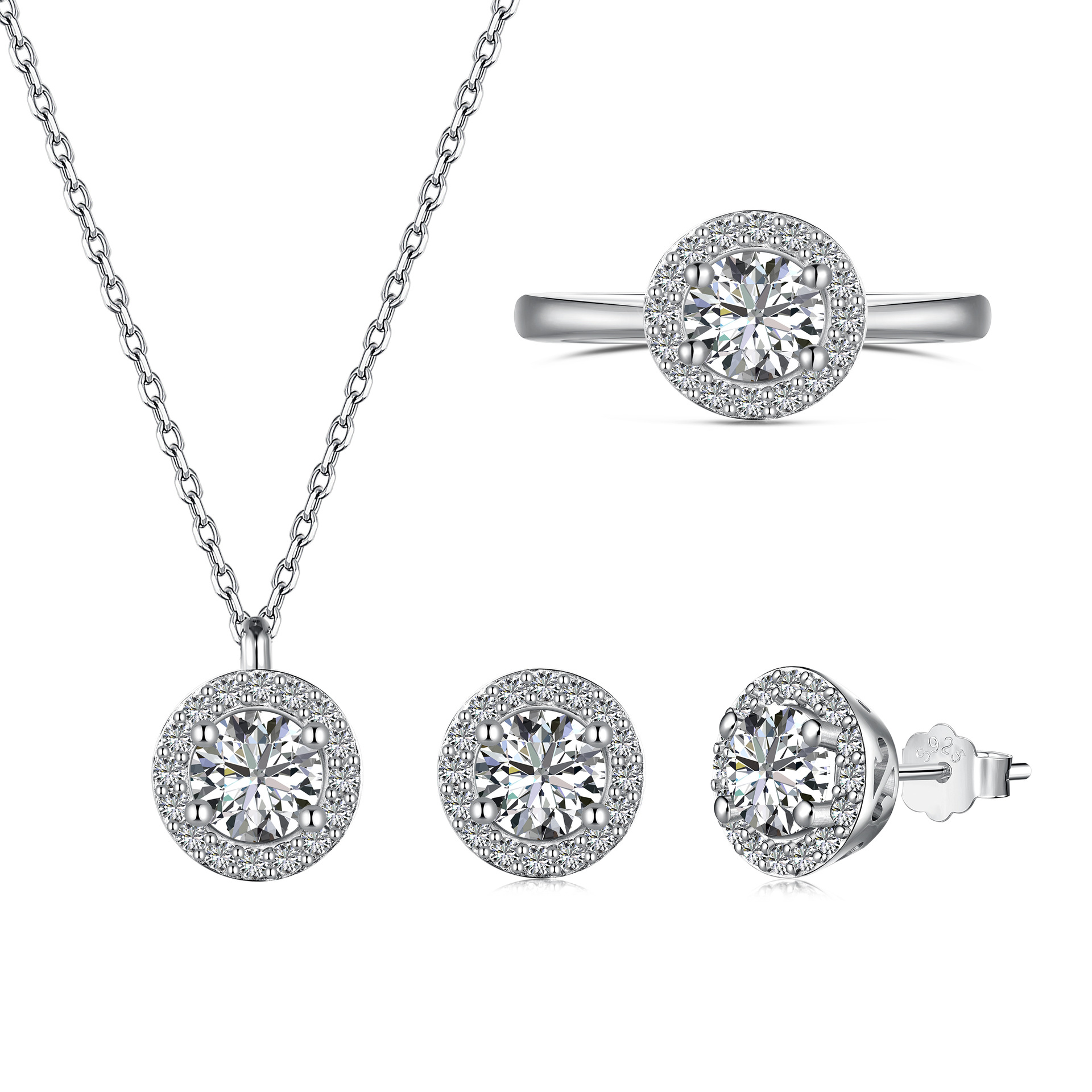 Silver Zircon Round Cut Halo Jewelry Set