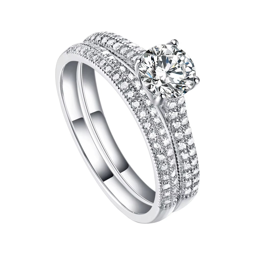 Silver Zircon Round Cut Iced Duel Wedding Ring